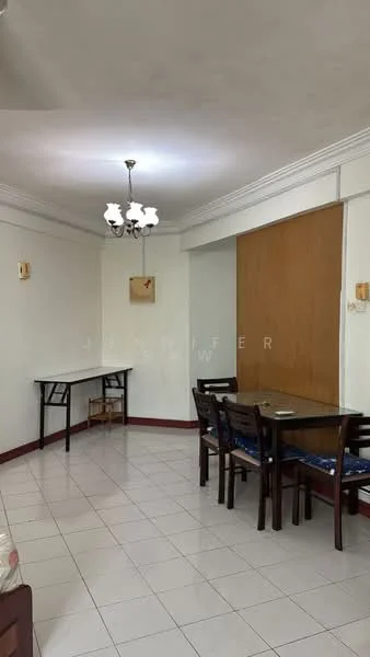 Dining features: white painted walls, white ceiling, tile flooring, 6-seater dining table, wooden dining chairs with blue cushions, chandelier light fixture, wall-mounted light fixtures, decorative wall art, corner wooden panel, open space layout; style: minimalist.