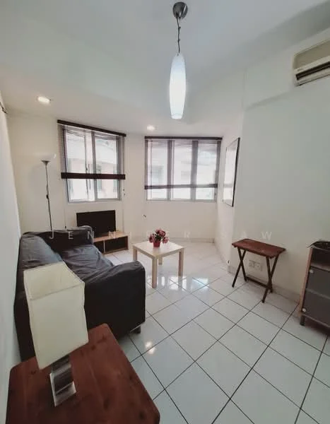 Living features: black leather sofa, white coffee table, wooden side table, floor lamp, wall-mounted TV, air conditioning unit, white tiled flooring, large windows with blinds, decorative flower arrangement; style: modern.