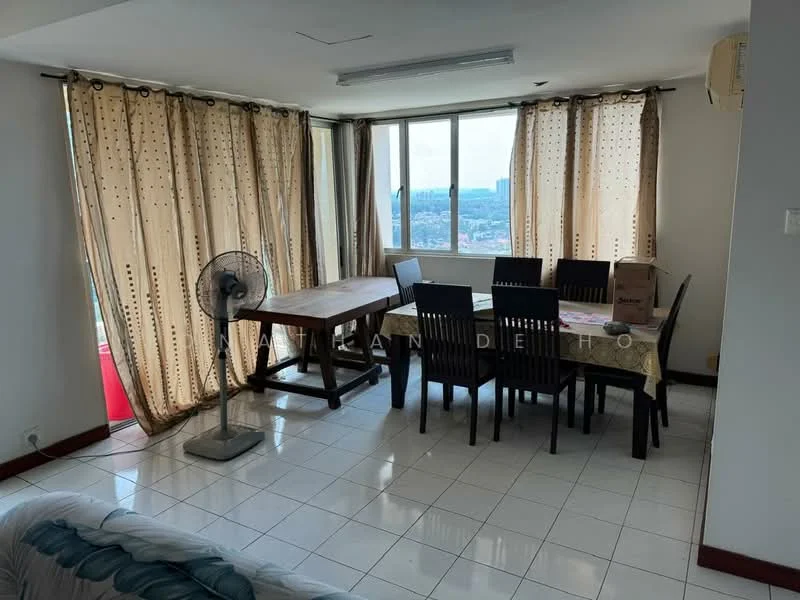 Dining features: large wooden dining table, 8 black dining chairs, floor-to-ceiling windows, sheer curtains, white painted walls, ceramic tile flooring, ceiling-mounted air conditioning unit, ceiling light fixture, decorative wall clock, fan, view of city skyline; style: modern; view: city.