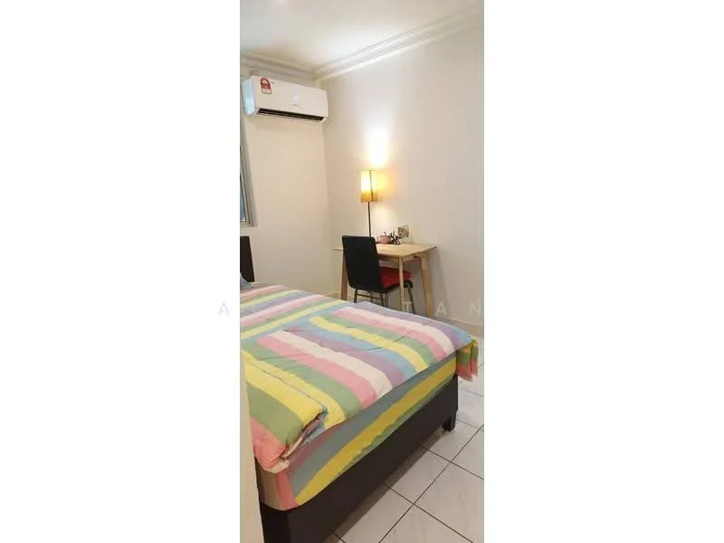 Bedroom features: king-size bed with striped bedding, wooden study desk, black chair, wall-mounted air conditioning unit, table lamp, white painted walls, tile flooring, window with curtain; style: modern.