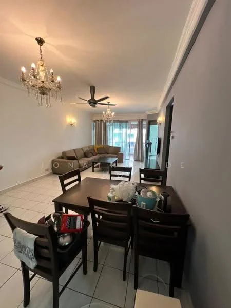 Dining features: 6-seater dining table, wooden dining chairs, chandelier, ceiling fan with light, white painted walls, grey accent wall, tile flooring, sliding glass door, curtains, sofa in living area visible, decorative items on table; style: modern. Living features: L-shape sectional sofa, coffee table, TV console, floor-to-ceiling windows, curtains, area rug; style: modern.