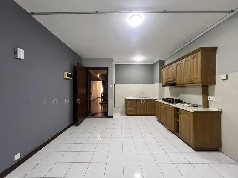 Kitchen features: white tiled flooring, grey painted walls, wooden cabinetry, laminate countertop, stainless-steel sink, built-in gas stove, exhaust hood, wall-mounted split AC, recessed ceiling lights; style: modern.