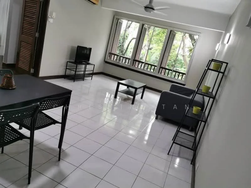 Living features: white painted walls, glossy white tile flooring, 5-blade ceiling fan with light, sofa in grey, coffee table, TV console, wall-mounted TV, large windows with view of greenery, decorative wall sconce, dining table with black chairs; style: modern; view: garden.