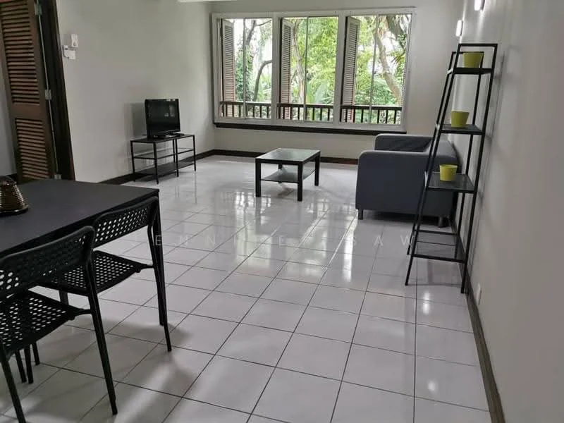 Living features: white painted walls, glossy ceramic tile flooring, floor-to-ceiling windows, grey fabric sofa, black coffee table, black dining table with four chairs, TV console, television, decorative shelving unit, indoor plants, natural light from windows; style: modern; view: garden.