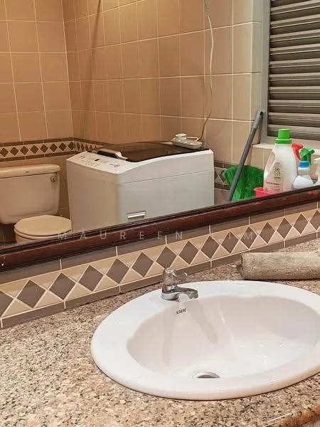 Bathroom features: white ceramic toilet, top-load washing machine, granite countertop, single-bowl sink, chrome faucet, tile flooring, cream tiled walls, decorative tile border, mirror above sink.