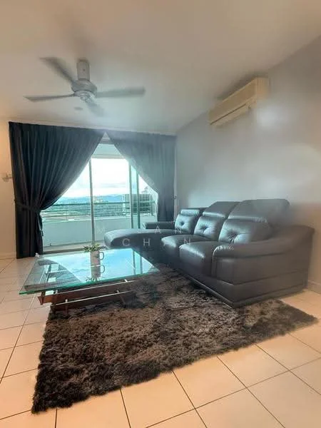 Living features: 3-seater leather sofa in dark grey, glass coffee table, area rug with shaggy texture, floor-to-ceiling windows, sliding glass door, blackout curtains, wall-mounted split AC, white tiled flooring, recessed downlights, ceiling fan; style: modern; view: city.