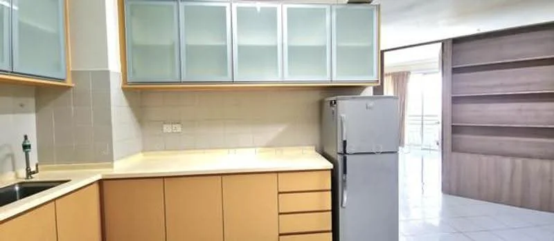 Kitchen features: single-bowl stainless-steel sink, chrome pull-down faucet, light wood cabinetry with glass-front upper cabinets, cream countertop, built-in refrigerator, tile backsplash, ceramic tile flooring, open shelving, wall-mounted shelving, neutral wall colour, natural light from adjacent room; style: modern.