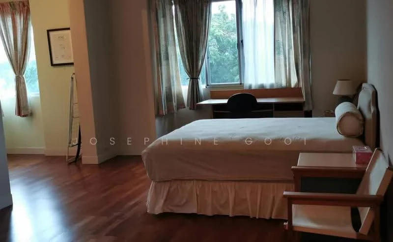 Bedroom features: queen-size bed with white bed skirt, wooden bedside table, upholstered headboard, desk with chair, floor-to-ceiling window, curtains with floral pattern, wooden flooring, wall-mounted mirror, decorative wall art; style: modern; view: garden.