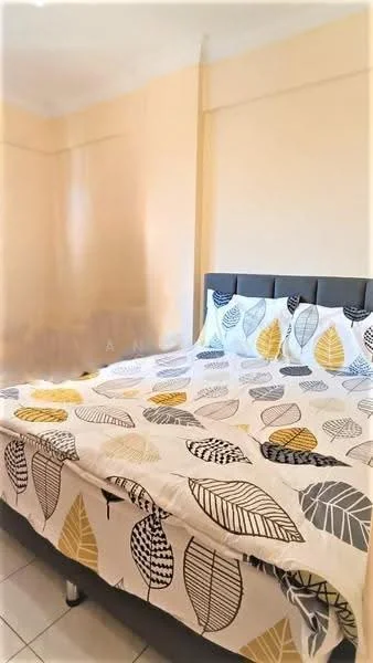 Bedroom features: queen-size bed, upholstered headboard, bedding with leaf pattern, cream painted walls, tile flooring, natural light from window, decorative throw pillows; style: modern.