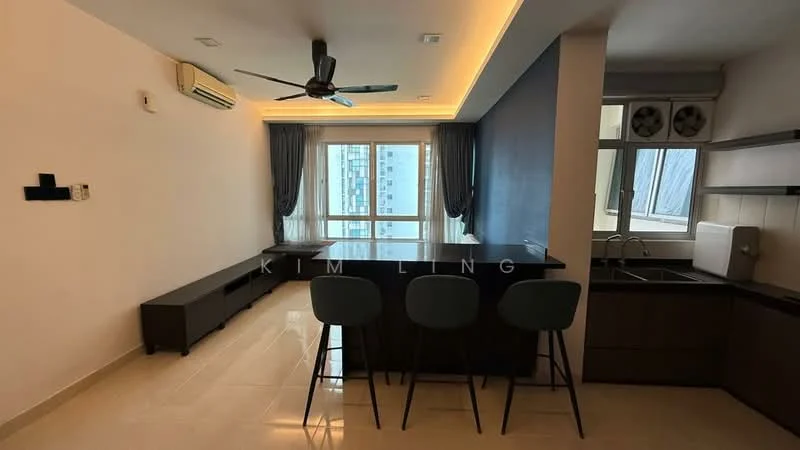 Living features: floor-to-ceiling windows, grey accent wall, white painted walls, recessed LED downlights, 5-blade ceiling fan with light, light-colored tile flooring, black bar counter, 3 high stools, built-in cabinetry, air conditioning unit, curtains, open layout to kitchen; style: modern; view: city.