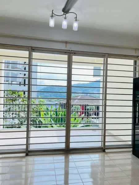 Room features: sliding glass door, metal window grilles, tile flooring, recessed ceiling lights, view of greenery, view of mountains, white walls, natural light from windows; style: modern; view: mountain.