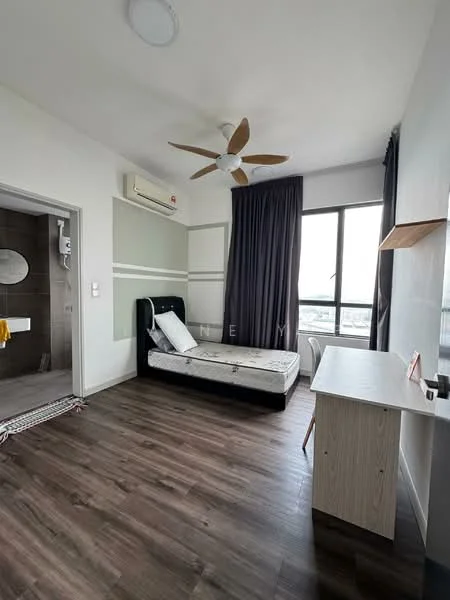 Bedroom features: single bed, wooden flooring, 5-blade ceiling fan, floor-to-ceiling window, blackout curtains, wall-mounted air conditioning unit, study desk, decorative wall paneling, neutral painted walls; style: modern; view: city.