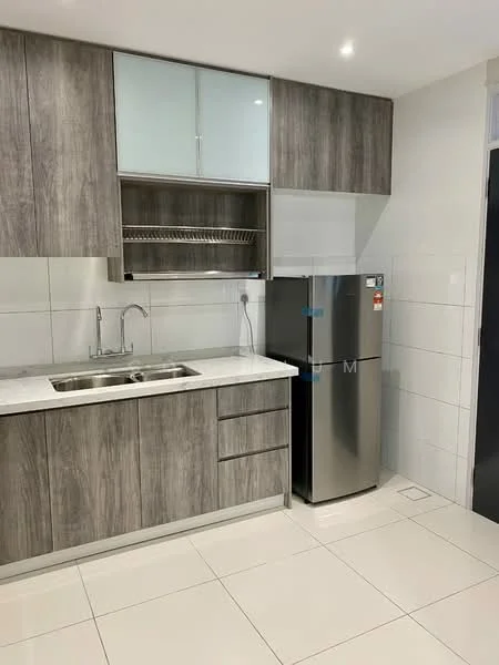 Kitchen features: grey wood cabinetry, white quartz countertop, single-bowl stainless-steel sink, chrome pull-down faucet, built-in dish rack, stainless-steel fridge, ceramic tile flooring, white tiled backsplash, recessed downlights; style: modern.
