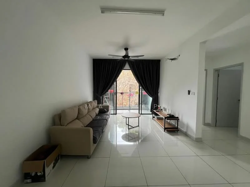 Living features: 3-seater fabric sofa in beige, coffee table, floor-to-ceiling windows, blackout curtains, white painted walls, polished ceramic tile flooring, ceiling fan, recessed LED downlights, decorative wall shelf, open space layout; style: modern; view: garden.