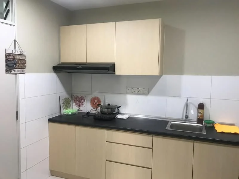 Kitchen features: light wood cabinetry, black countertop, stainless-steel sink, chrome pull-down faucet, built-in range hood, ceramic tile backsplash, white tiled walls, cooking pot on stove, kitchen towel, green dishware, yellow cloth, wall-mounted sign, multiple electrical outlets; style: modern.