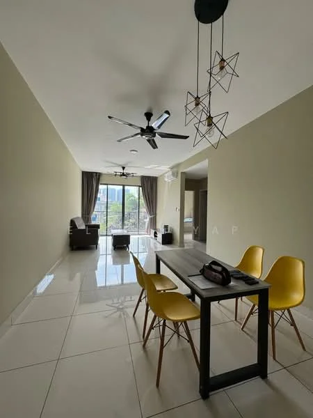Dining features: dining table with black metal frame, 4 yellow dining chairs, pendant light fixtures, 5-blade ceiling fan, large sliding glass door, floor-to-ceiling windows, grey curtains, white painted walls, glossy white tile flooring, sofa in background, air conditioning unit; style: modern; view: city.
