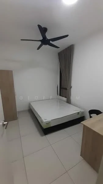 Bedroom features: white painted walls, tile flooring, 5-blade ceiling fan, large window with curtain, unmade bed with mattress, wooden desk, black chair, minimalist decor; style: modern.