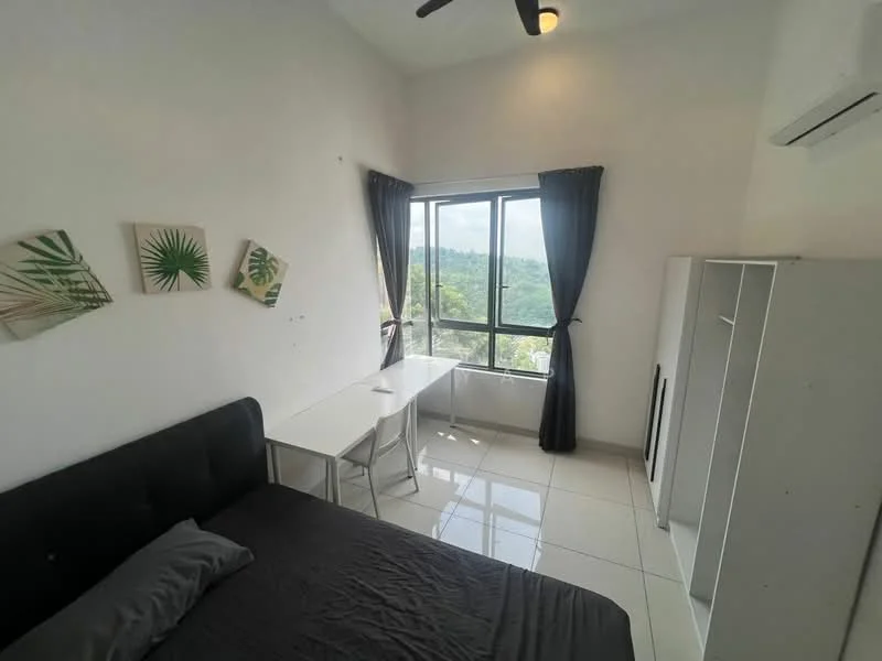 Bedroom features: queen-size bed with black upholstered headboard, white bedding, floor-to-ceiling windows, blackout curtains, white desk, two white chairs, air conditioning unit, light fixture on ceiling, white wardrobe, glossy tile flooring, decorative wall art with plant motifs; style: modern; view: mountain.