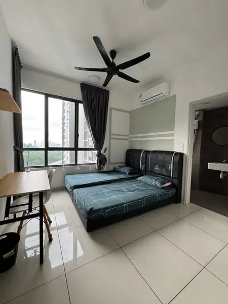Bedroom features: 2 single beds with dark headboards, 5-blade ceiling fan, floor-to-ceiling window, white painted walls, grey accent wall, tile flooring, study desk with chair, wall-mounted air conditioning unit, built-in wardrobe, decorative wall paneling, curtains, light fixture; style: modern; view: city.