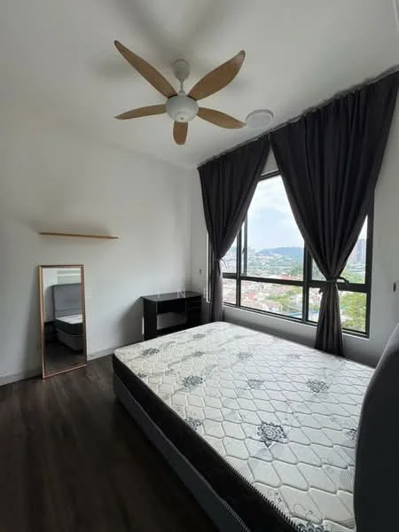 Bedroom features: queen-size bed, 5-blade ceiling fan with light, floor-to-ceiling windows, blackout curtains, wooden flooring, mirror, black bedside table, mountain view; style: modern; view: mountain.
