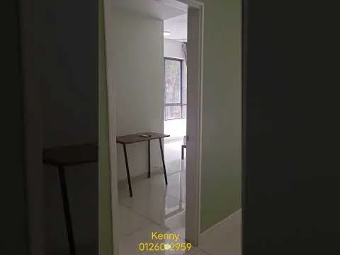 Room features: light green painted walls, white tiled flooring, large window with natural light, simple wooden table, doorway leading to another room; style: modern.