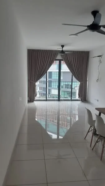 Living features: white painted walls, glossy ceramic tile flooring, 5-blade ceiling fan with light, floor-to-ceiling windows, sheer curtains, dining table with chairs, open layout, natural light from windows; style: modern; view: city.