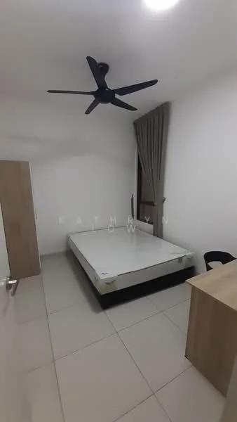 Bedroom features: white painted walls, tile flooring, ceiling fan, window with curtain, single bed frame, wooden desk, black chair, built-in wardrobe; style: minimalist.