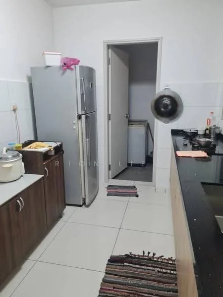 Kitchen features: stainless-steel fridge, wood cabinetry, black granite countertop, ceramic tile flooring, white tiled walls, kitchen sink, cooking stove, exhaust hood, wall-mounted cabinet, door leading to laundry area, decorative rug; style: modern.