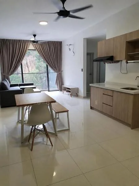 Living features: grey fabric sofa, wooden dining table, white dining chairs, floor-to-ceiling windows, sheer curtains, recessed ceiling lights, ceiling fan, light-colored tiled flooring, kitchen cabinetry, stainless-steel sink, built-in kitchen hood, open layout; style: modern; view: garden.