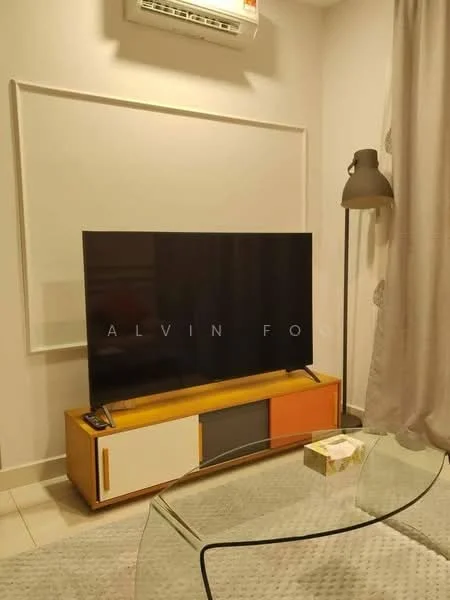 Living features: wall-mounted flat-screen TV, wooden TV console with multi-colored drawers, glass coffee table, floor lamp, air conditioning unit, light-colored walls, curtains, tile flooring; style: modern.