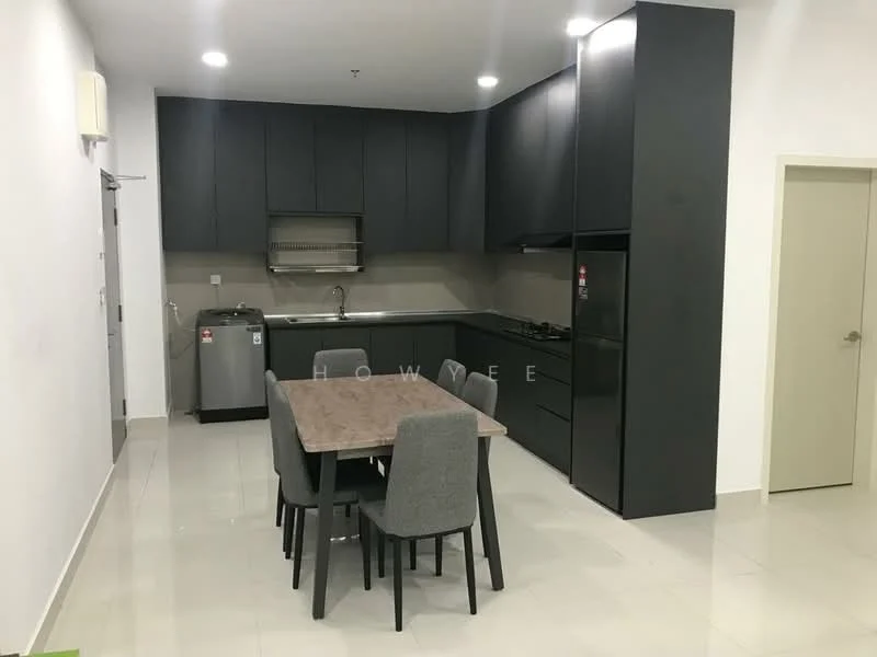Kitchen features: black cabinetry, stainless-steel sink, chrome pull-down faucet, built-in oven, 4-burner gas hob, stainless-steel fridge, grey dining table, 6 upholstered dining chairs, ceramic tile flooring, white walls, recessed downlights, open shelving; style: modern.