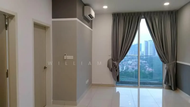 Room features: floor-to-ceiling windows, grey painted walls, white painted walls, sliding glass door, curtains, wall-mounted split AC, tile flooring, city view; style: modern; view: city.