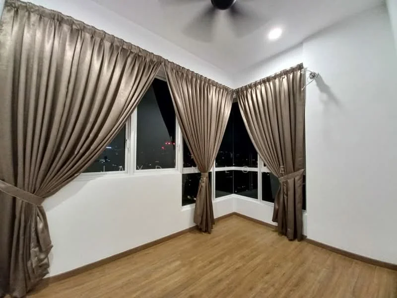 Room features: wooden flooring, white painted walls, floor-to-ceiling windows, curtains in beige, recessed downlights, ceiling fan, corner window layout; style: modern; view: city.