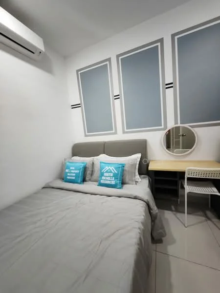 Bedroom features: queen-size bed with grey bedding, upholstered headboard, 2 decorative cushions with blue covers, white painted walls, accent wall with grey panels, mirror on wall, study desk with white chair, built-in shelving unit, 1 wall-mounted split AC, glossy tile flooring; style: modern.