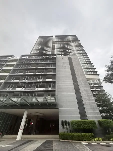 Exterior type: high-rise condominium; features: glass curtain wall, grey painted facade, recessed balconies, vertical fins, feature lighting at night, manicured landscaping, paved walkway, entrance canopy; style: modern.