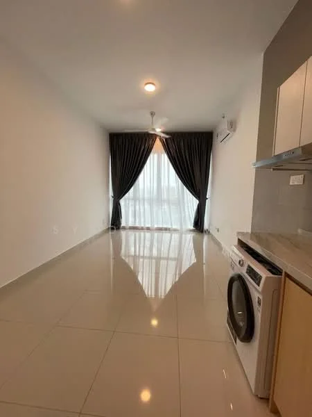 Room features: white painted walls, glossy ceramic tile flooring, recessed downlights, floor-to-ceiling windows, sheer curtains, blackout curtains, wall-mounted split AC, washing machine, light fixture, neutral color palette; style: modern; view: city.
