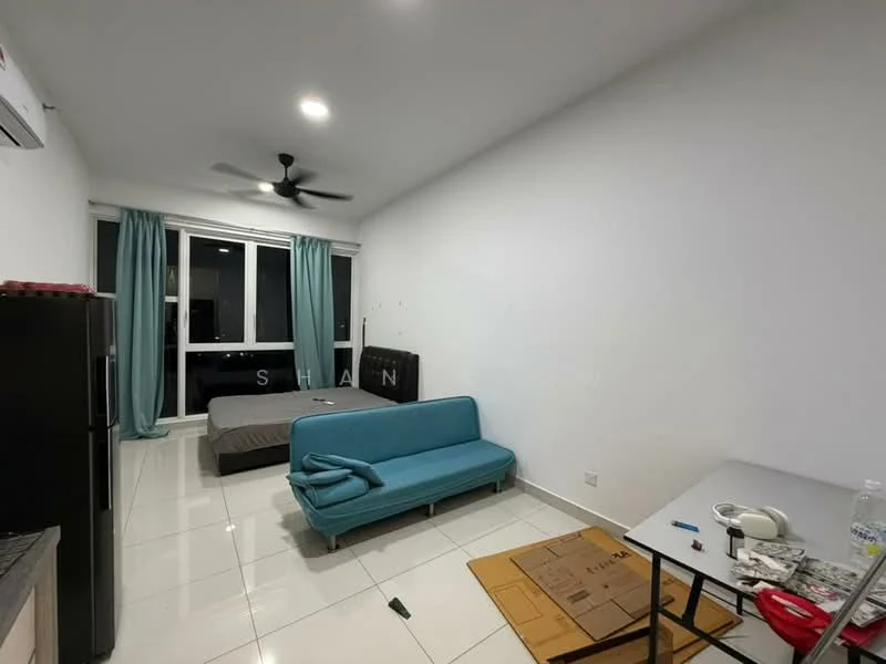 Living features: white painted walls, glossy white tile flooring, 5-blade ceiling fan, floor-to-ceiling windows, light blue fabric sofa, brown bed frame with mattress, curtains in light blue, small dining table, black fridge, decorative items on table; style: modern.