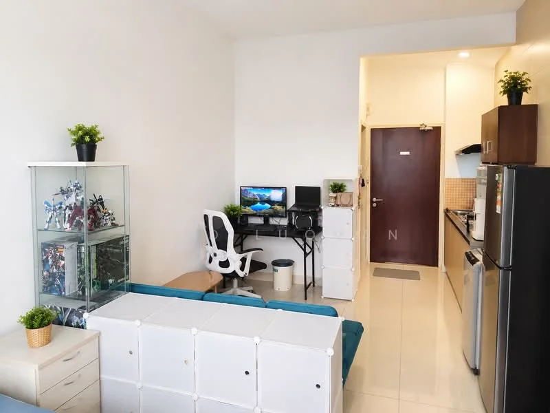 Living features: blue fabric sofa, white modular storage units, glass display cabinet, computer desk with monitor, office chair, white walls, tile flooring, refrigerator, kitchen counter, stainless-steel sink, kitchen cabinets, potted plants; style: modern.