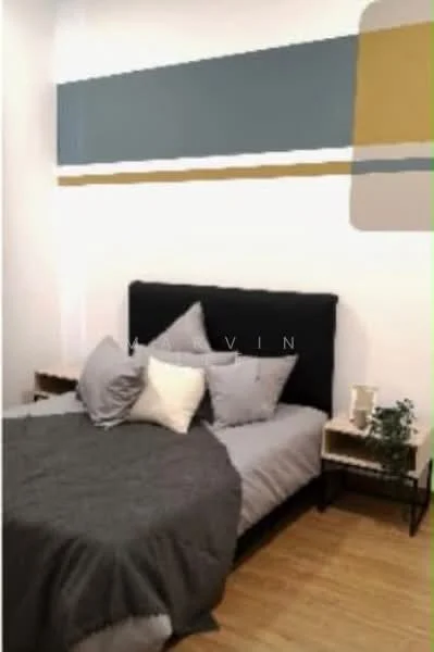 Bedroom features: queen-size bed, black upholstered headboard, grey bedding, decorative pillows in white and beige, wooden bedside tables, table lamp on bedside table, green plant on bedside table, wooden flooring, white painted walls, accent wall with blue and gold stripes; style: modern.