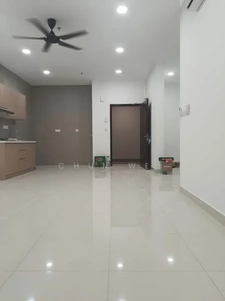 Kitchen features: white painted walls, grey accent wall, glossy tile flooring, 5-blade ceiling fan, kitchen cabinetry in light wood, stainless-steel sink, built-in stove, countertop with space for appliances, open layout to living area; style: modern. Room features: white painted walls, glossy tile flooring, doorway leading to hallway, visible electrical outlets.