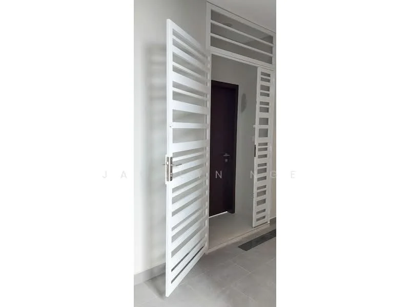 Room features: white metal door with horizontal slats, dark wood door, grey tiled flooring, light grey walls, door frame with horizontal slats above the door; style: modern.
