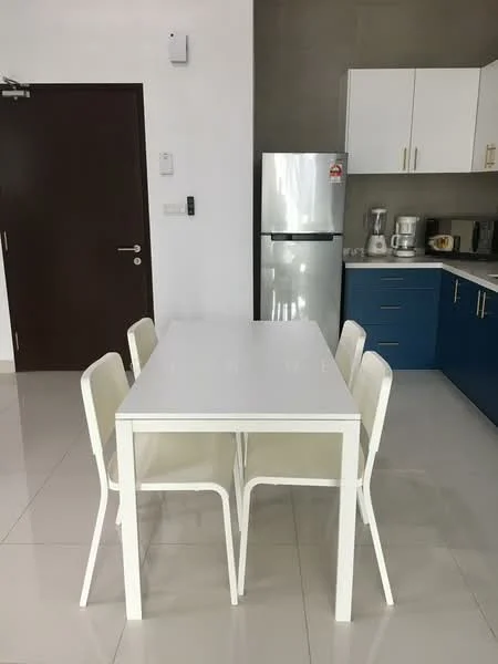 Dining features: white dining table, 4 white dining chairs, ceramic tile flooring, grey accent wall, stainless-steel fridge, white cabinetry, blue lower cabinets, built-in countertop appliances, wall-mounted intercom, recessed lighting; style: modern.
