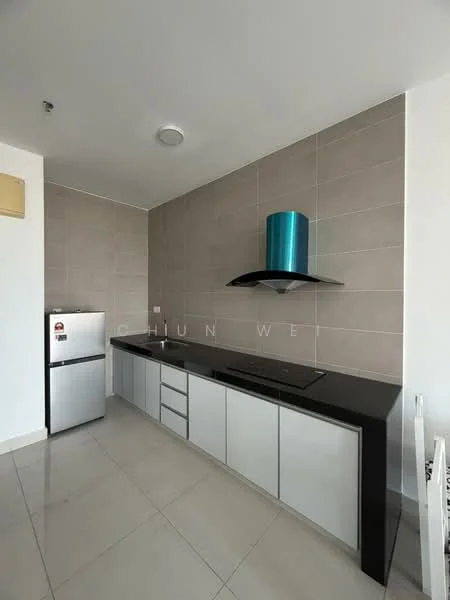 Kitchen features: black granite countertop, grey cabinetry, stainless-steel fridge, built-in induction cooktop, stainless-steel range hood, wall-mounted light fixture, tile backsplash, ceramic tile flooring, single-basin sink, open shelving; style: modern.