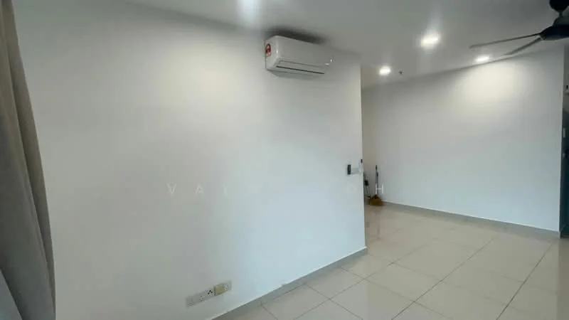 Room features: white painted walls, tile flooring, 1 wall-mounted split AC, ceiling fan, neutral color scheme, no visible furniture, light fixtures, window treatments; style: modern.