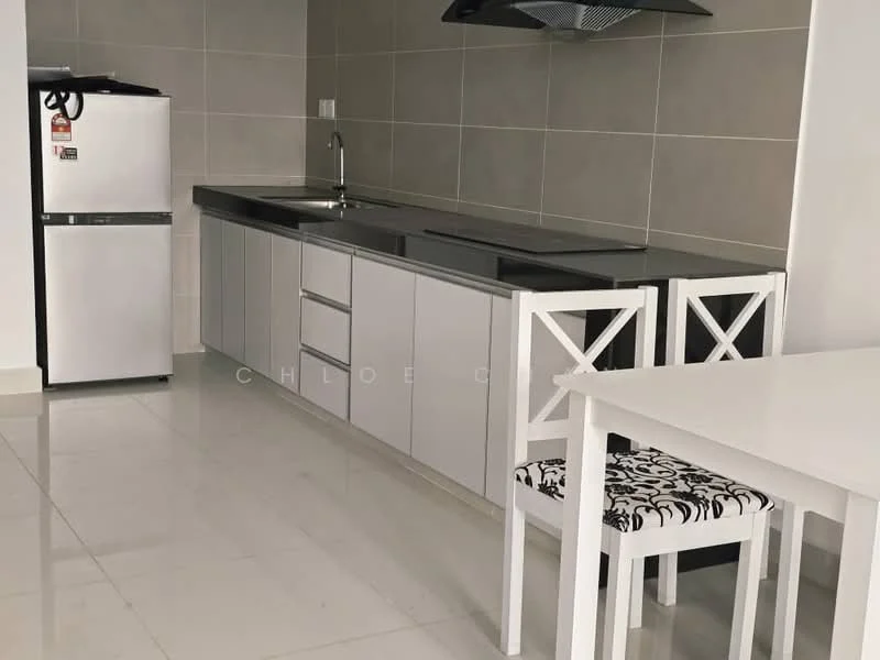 Kitchen features: grey cabinetry, black granite countertop, single-bowl stainless-steel sink, chrome pull-down faucet, built-in stove with hood, stainless-steel fridge, white dining table, black and white patterned chair, white tiled flooring, grey tiled backsplash, wall-mounted cabinets, open shelving; style: modern.