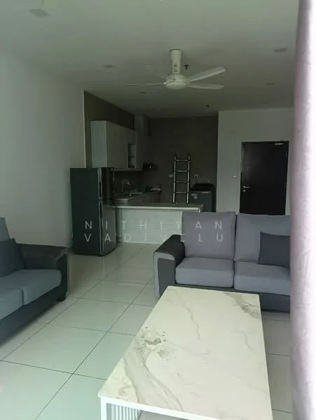 Living features: 2-seater fabric sofa in grey, 3-seater fabric sofa in grey, marble coffee table, white tiled flooring, ceiling fan, wall-mounted TV, open layout to kitchen, large windows with sheer curtains; style: modern. Kitchen features: kitchen cabinets in light wood, stainless-steel fridge, open shelving, countertop with bar seating, built-in oven, sink, stove, tile backsplash; style: modern.