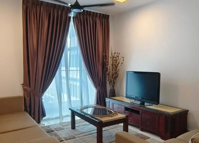 Living features: 3-seater fabric sofa in beige, coffee table with glass top, TV console in dark wood, wall-mounted TV, floor-to-ceiling windows, sheer curtains, dark brown heavy curtains, decorative plant in vase, area rug with geometric pattern, recessed downlights, ceiling fan with light; style: contemporary; view: city.