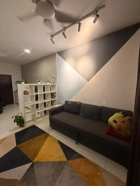 Living features: grey fabric sofa, area rug with geometric pattern, white shelving unit, ceiling fan, wall-mounted track lighting, painted accent wall with geometric design, white walls, decorative houseplants; style: modern.