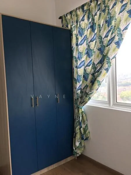 Room features: blue wardrobe with sliding doors, floor-to-ceiling window, curtains with tropical leaf pattern, light wood flooring, white painted walls; style: modern; view: city.