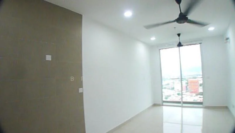 Room features: white painted walls, grey accent wall, polished tile flooring, 5-blade ceiling fan, floor-to-ceiling windows, city view; style: modern; view: city.
